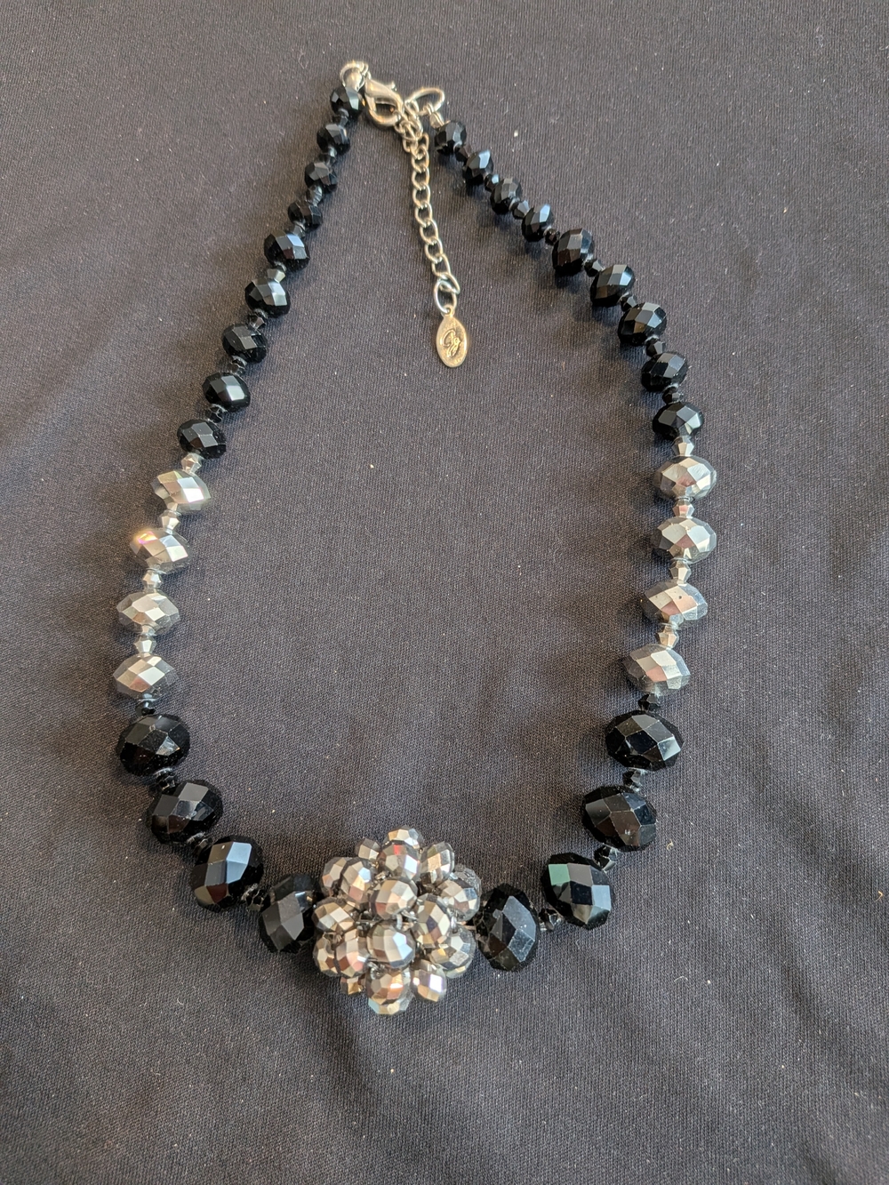 Vintage From 1990s  Signed CJ Black and Silver Beaded Statement Necklace 11"